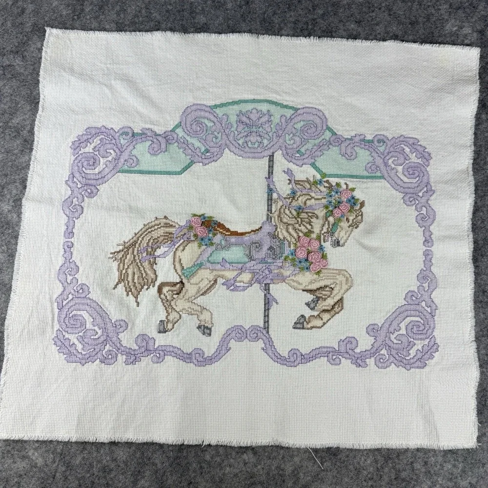 Completed Pastel Carousel Horse Vintage Cross Stitch 18x14‎ Something Special